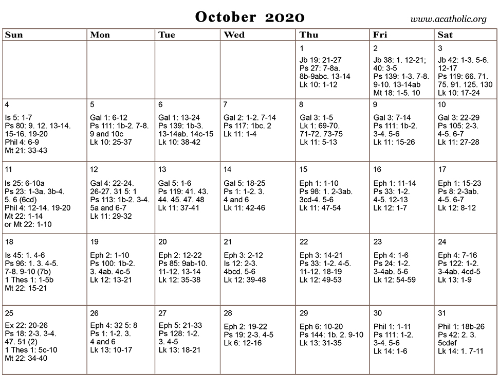 Monthly Calendar of the Catholic Daily Mass Readings