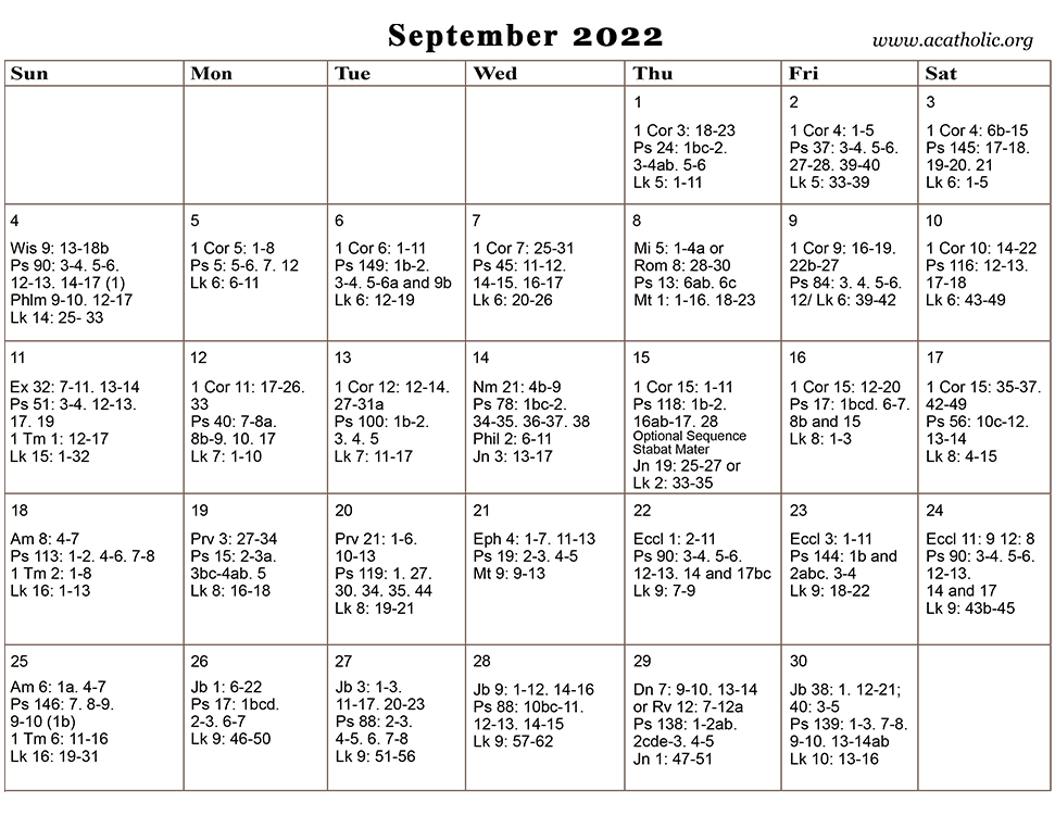 Monthly Calendar of the Catholic Daily Mass Readings