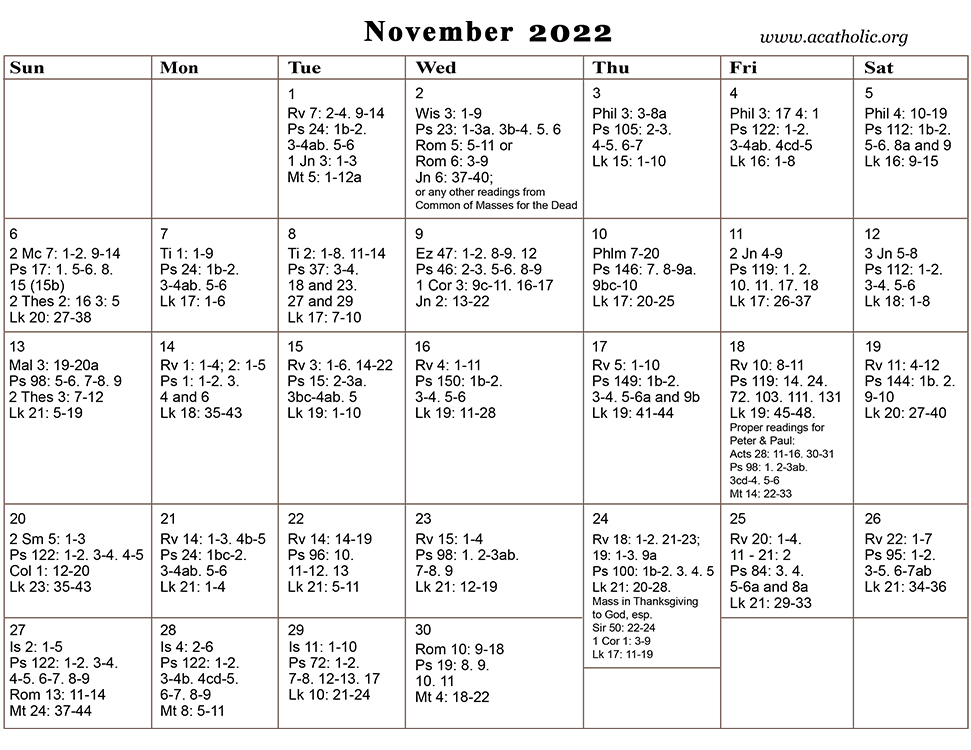 Monthly Calendar of the Catholic Daily Mass Readings